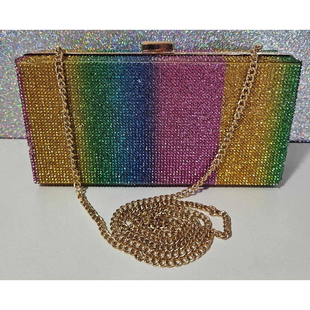 Rainbow‎ Rhinestone Clutch Evening Bag Chain Natalie Mills Rylee Crystal Purse